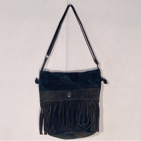 Vintage Leather Patchwork Black Brown Colour Block Bucket Bag Purse With Fringe - Picture 12 of 12